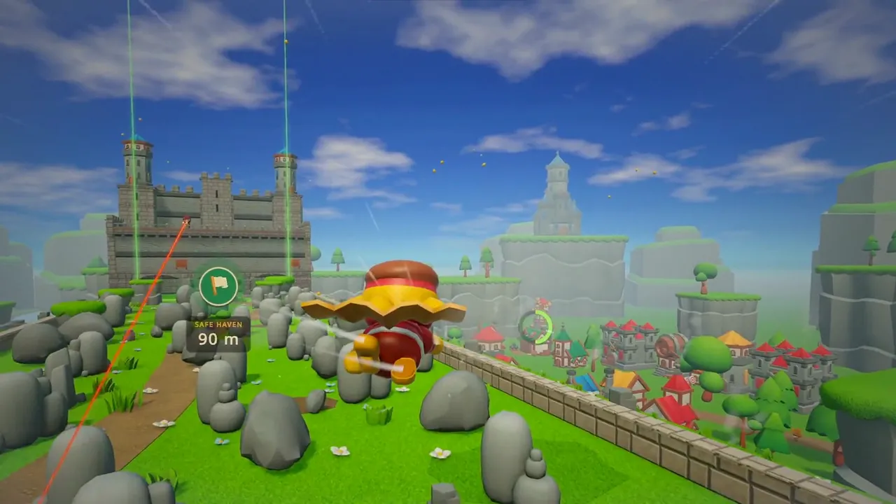 A clown runs down a grassy gauntlet in front of a castle while shooters fire from the walls