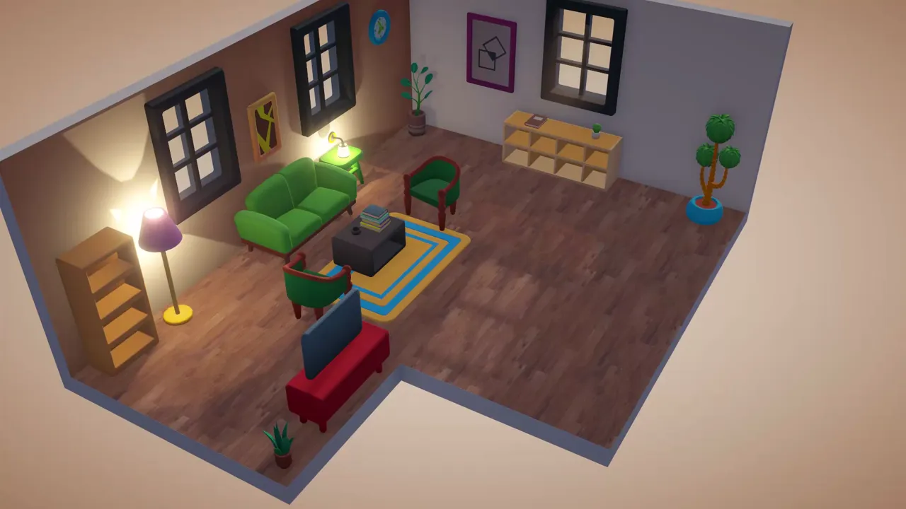An isometric bedroom and lounge furnished in warm colours